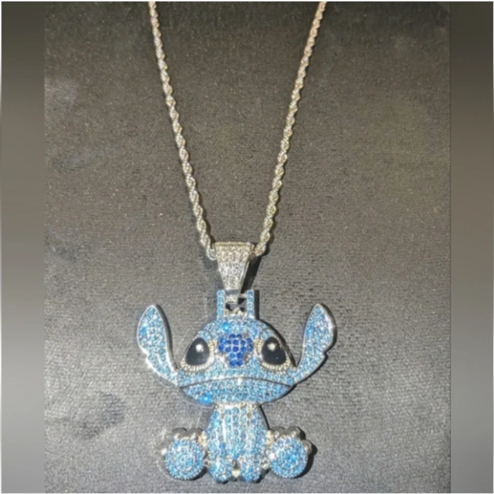 Stitch Character Rhinestone Pendant On Silver Tone Hip Hop Necklace 24